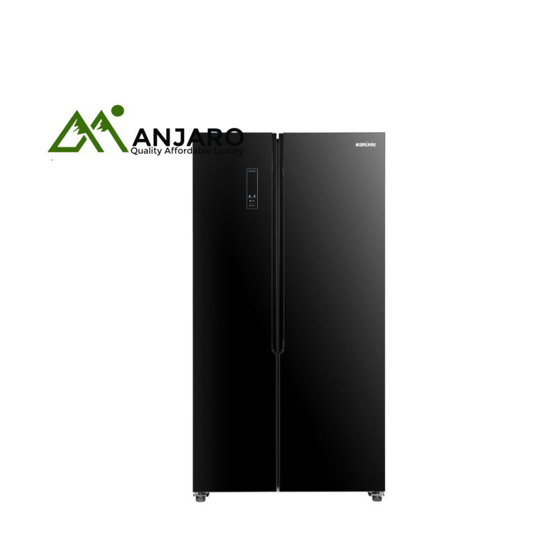 Bruhm BFX-450ENG 436L Side-by-Side No Frost Refrigerator – Sleek Black Glass Design with Advanced Cooling