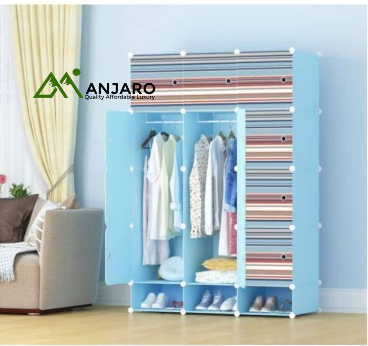 Large Modular Plastic Wardrobe with Striped Doors – Multi-Section Closet Organizer with Hanging Rods & Shoe Storage
