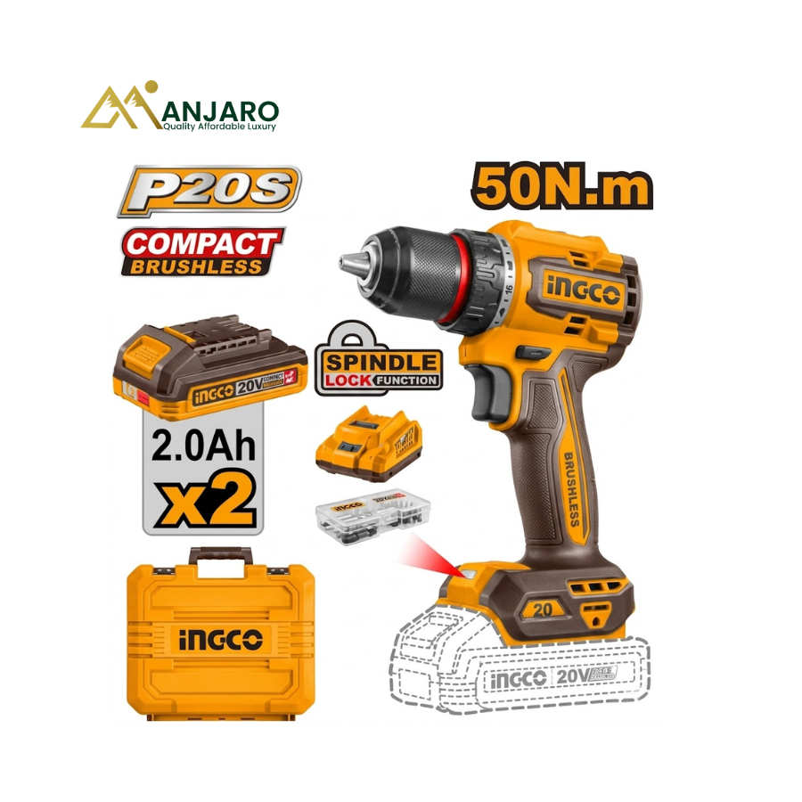 INGCO CDLI205062 20V Compact Brushless Cordless Drill | 50Nm Professional Drill Driver with Dual Batteries & Metal Chuck