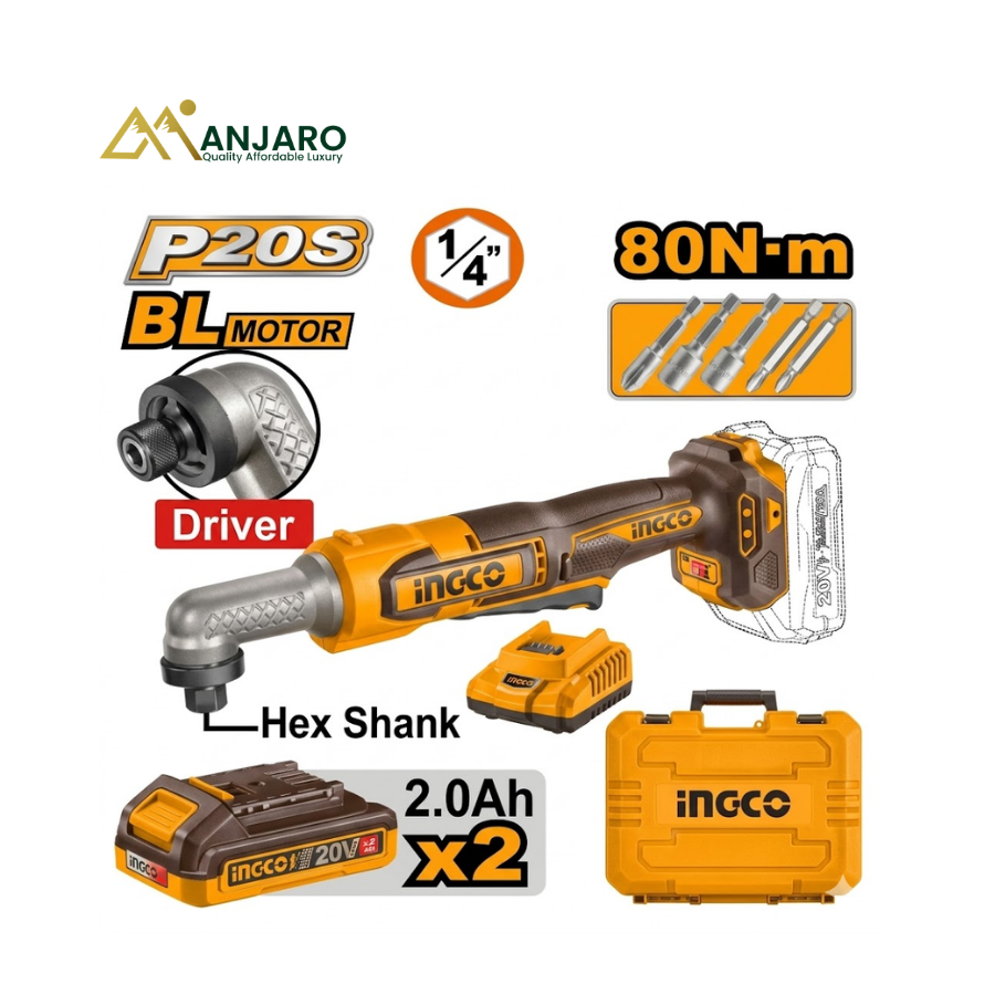 INGCO CAIRLI208 20V Cordless Angle Impact Driver | Brushless 80Nm Compact Right-Angle Driver with Dual Batteries