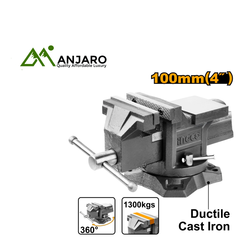 HBV084 4" Bench Vice with Swivel Base – 1300KGS Clamping Force & Built-In Anvil
