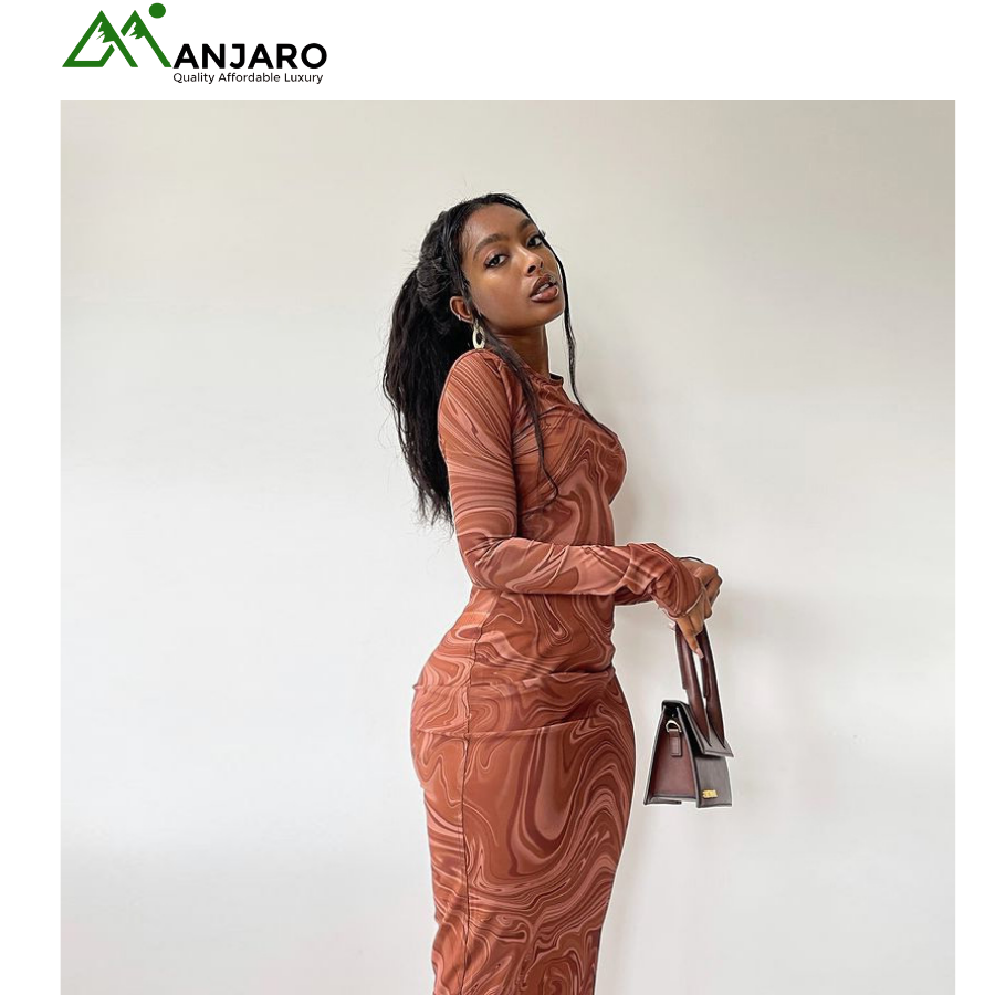 Pinky European & American Style Printed Fitted Midi Dress – Elegant Round Neck Long Sleeve Pullover Dress for Women(Shipping Fee Included)