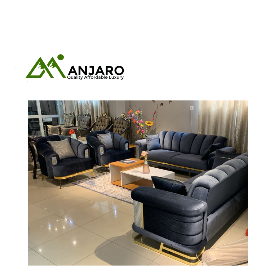 Opulent Dark Navy Velvet 7-Seater Sofa Set with Gold Accents – Ultimate Luxury & Comfort for Your Living Space