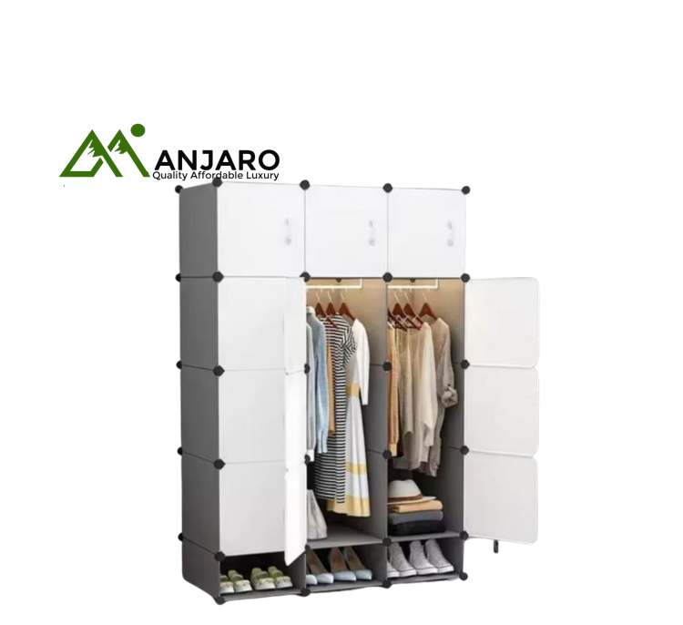 Modern 3-Section Modular Plastic Wardrobe – Triple Hanging Rods, Upper Storage & Shoe Rack | 175cm Height