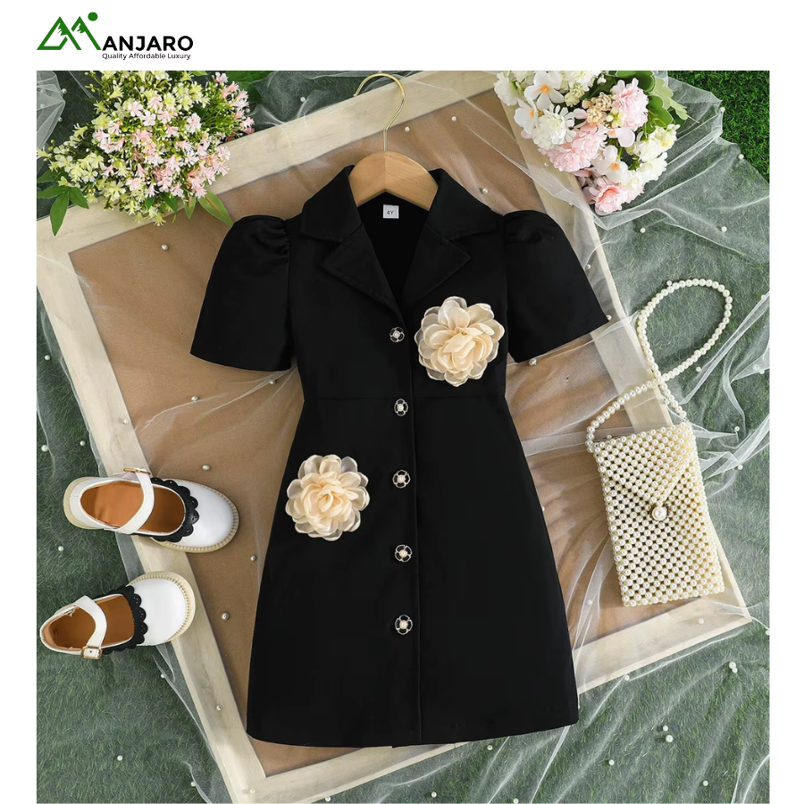 Korean Style Girls Summer Dress – A-Line Short Sleeve, Breathable Satin, Floral Birthday Party Outfit(Shipping Fee Included)