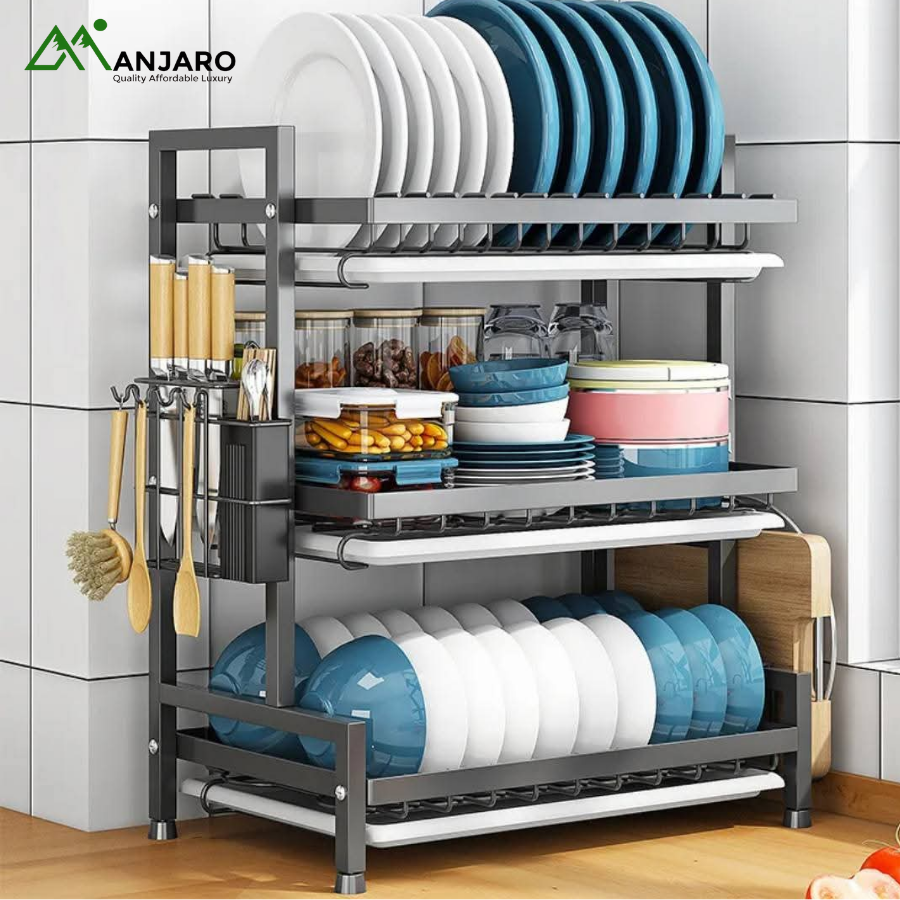 3-Tier Dish Drying Rack – Heavy-Duty Kitchen Organizer with Drain Tray, Utensil Holder & Cutting Board Stand