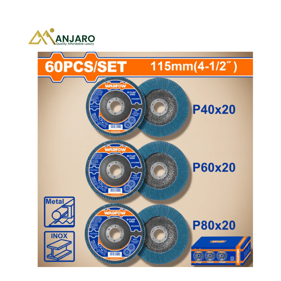 WADFOW Flap Disc Set – 60 Pieces, 115mm (4-1/2"), Aluminum Oxide, P40/P60/P80 Assorted Grits WYL1355