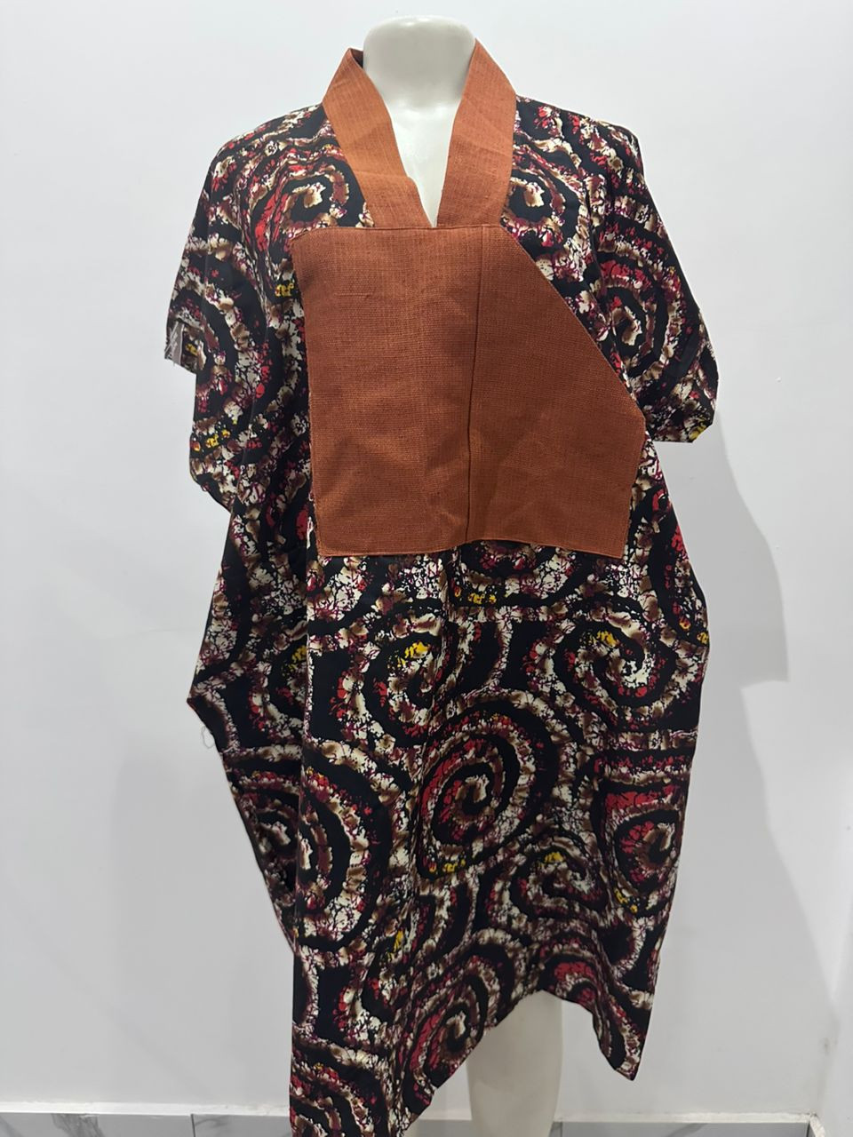 African Print Ankara Kaftan Dress – Batik Swirl Pattern with Brown Bib | Comfortable & Stylish Women’s Wear