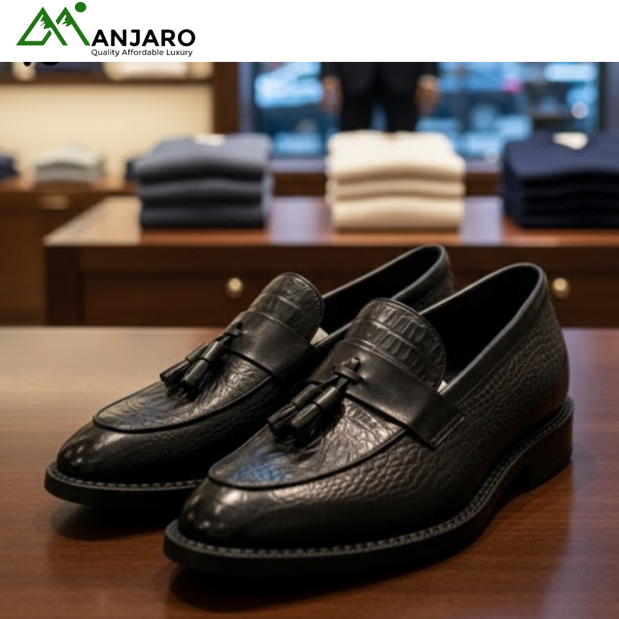 John Foster Premium Black Embossed Tassel Loafers | Crocodile-Textured Dress Shoes