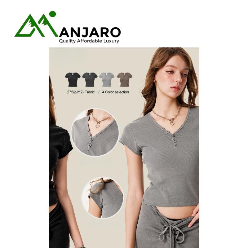 BE Women's Clothing Summer Retro Button V-Neck Short-Sleeved T-shirt (Shipping fee included)