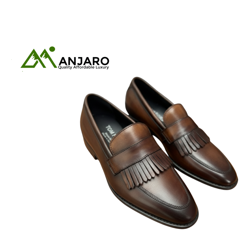 Tom Ford-Style Fringed Penny Loafers - US 9 / EU 42 - Luxurious Burnished Leather Slip-Ons for the Modern Man