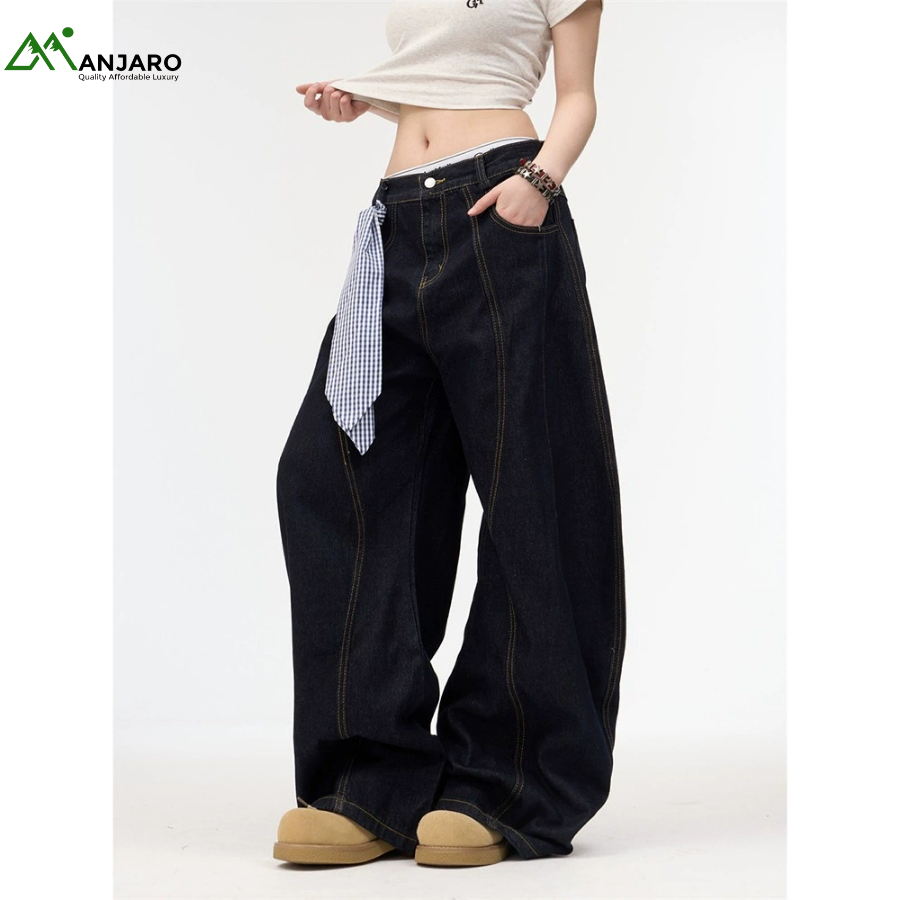 American Retro Washed Scimitar Jeans – Unisex Loose Wide-Leg High-Waist Street Style – B3106(Shipping Fee Included)