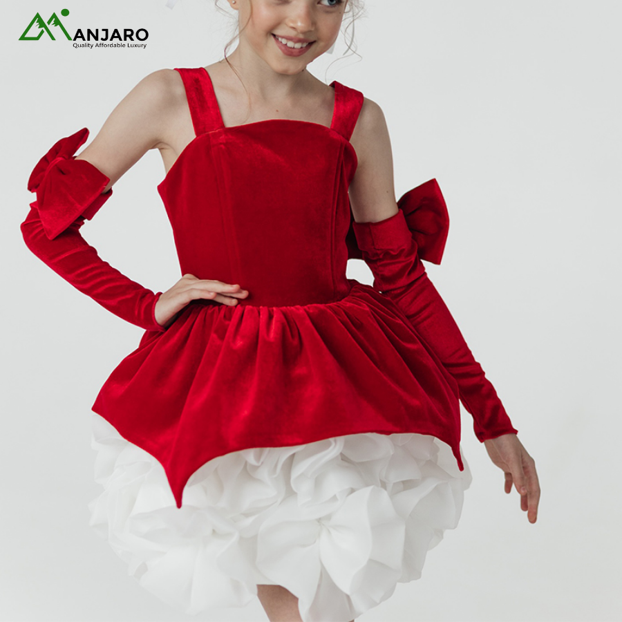 Christmas Toddler Girls 3D Flower Spaghetti Strap Party Dress with Arm Sleeves – Knee-Length Ball Gown(Shipping Fee Included)