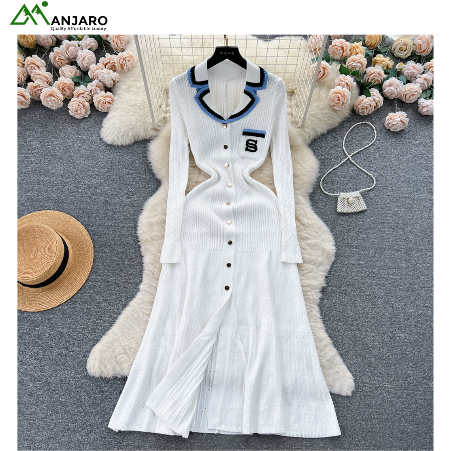 European & American Polo Collar Knitted Dress – Elegant Slim Fit Midi Dress for Summer 2025(Shipping Fee Included)
