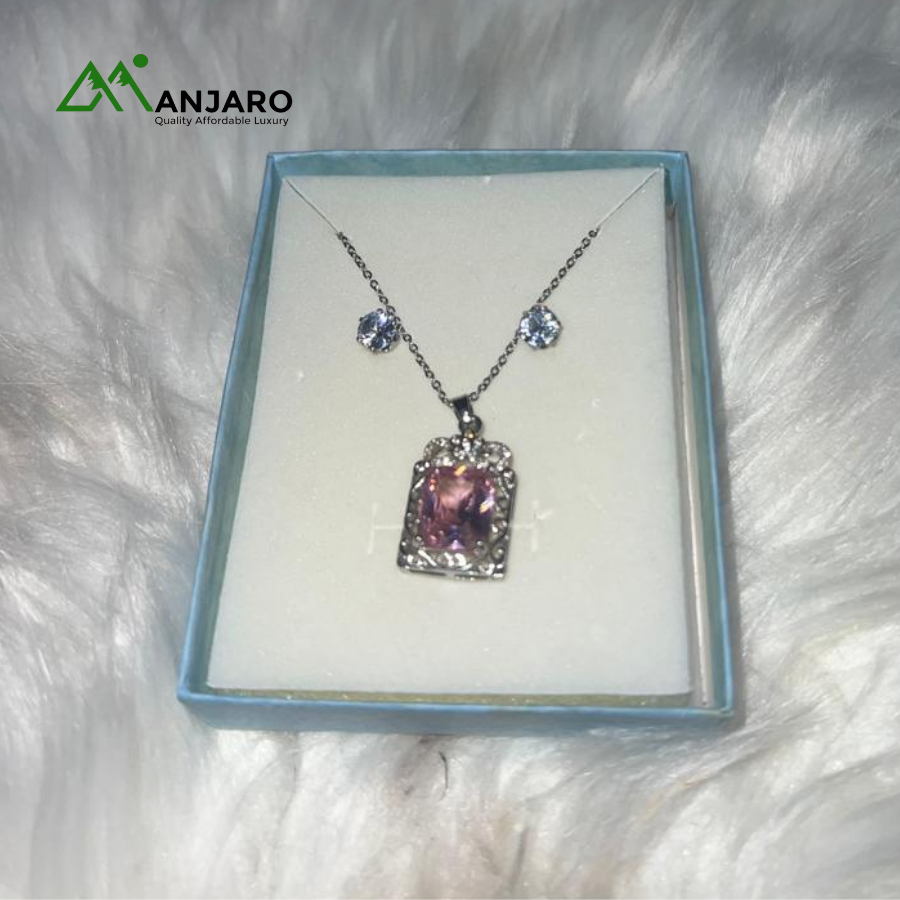 Silver-Tone Rectangular Pink/Purple Gemstone Jewelry Set – Elegant Necklace & Earring Duo for Women