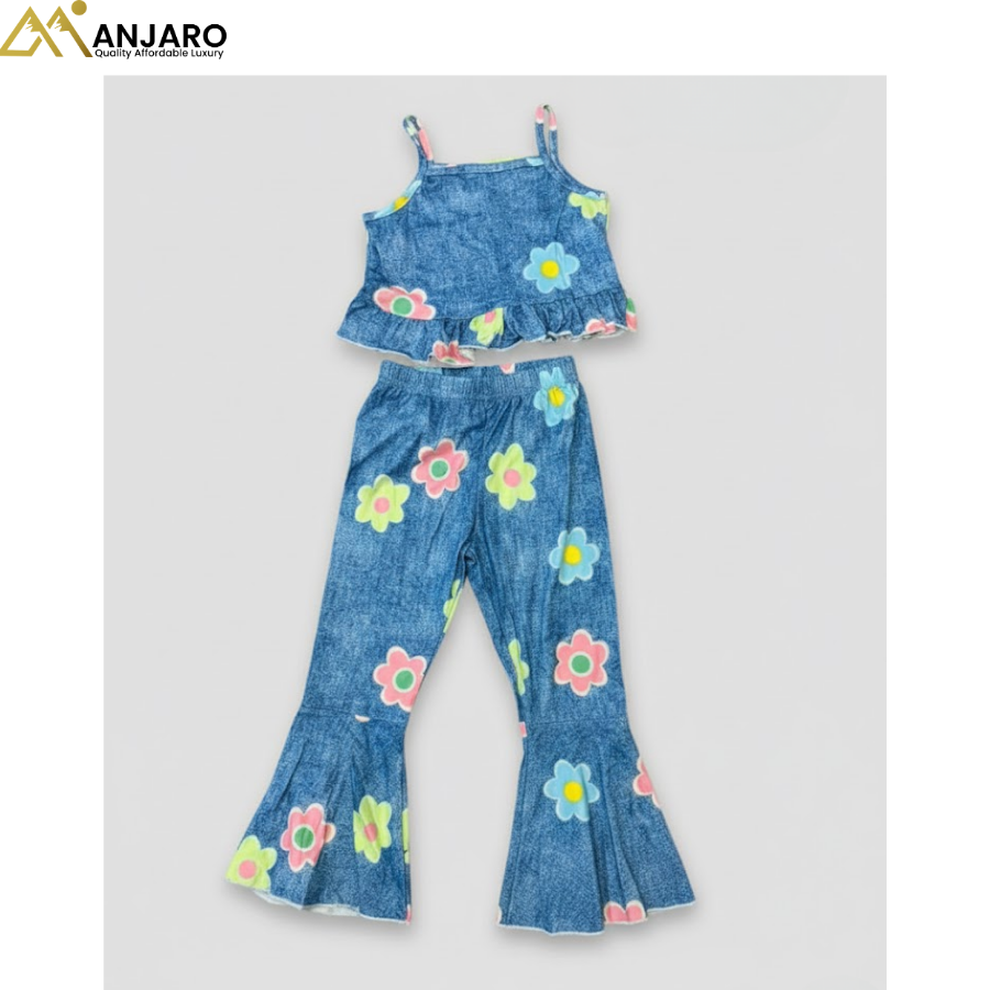 Girls Denim Flower Print Crop Top & Flared Pants Set – 2 Piece Outfit (Sizes 2–4 Years)