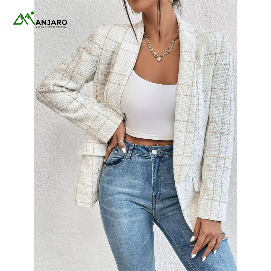 D&M Plus Size Women’s Double-Breasted Checkered Blazer – Long Worsted Suit Jacket, Elegant Business & Workwear Fit(Shipping Fee Included)