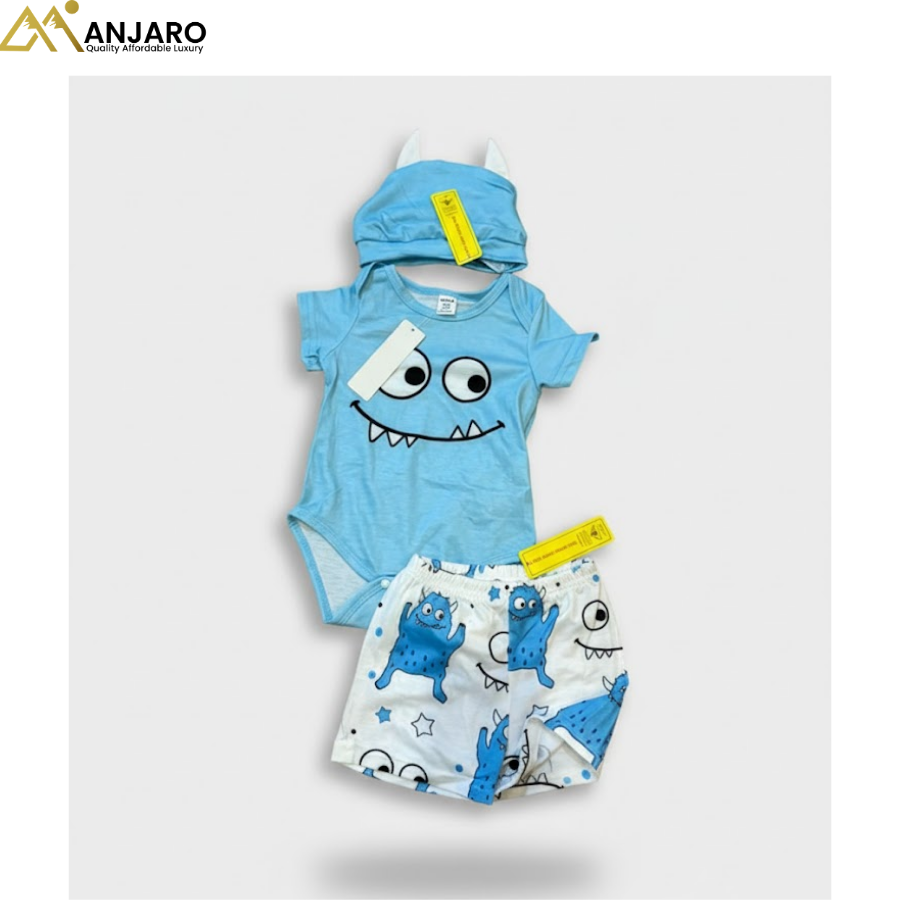 Baby Boys Blue Monster Bodysuit, Shorts & Hat Set – 3 Piece Outfit (3–9 Months)