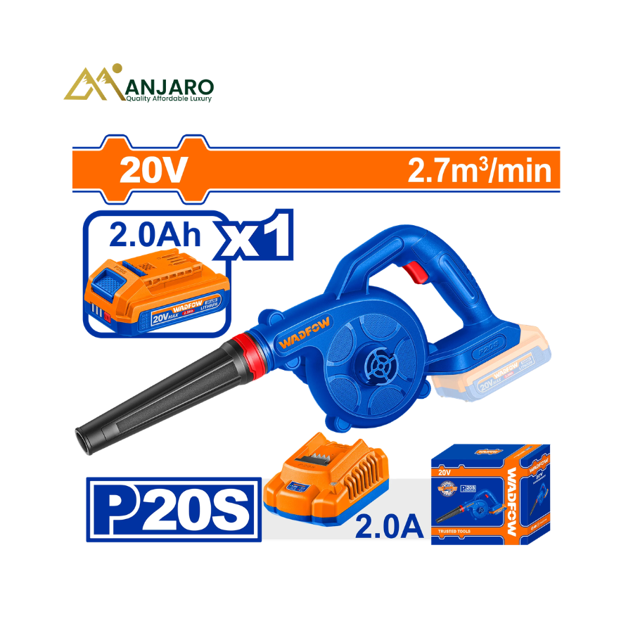 WADFOW Cordless Blower – 20V, 18,000 RPM, 2.7m³/min Air Volume with 2.0Ah Battery & Charger WBLP5521