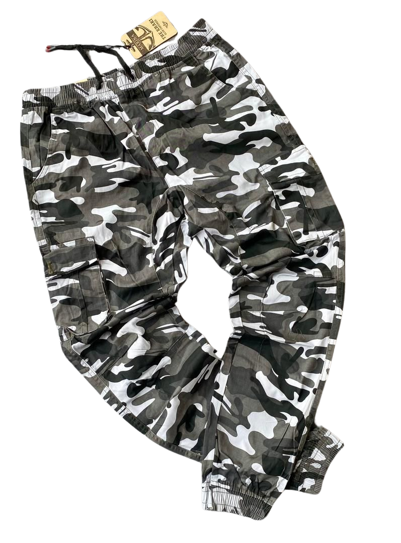 Camo Khaki Bumper Trousers – Rugged Streetwear Cargo Pants for Men with Elastic Waist & Utility Pockets