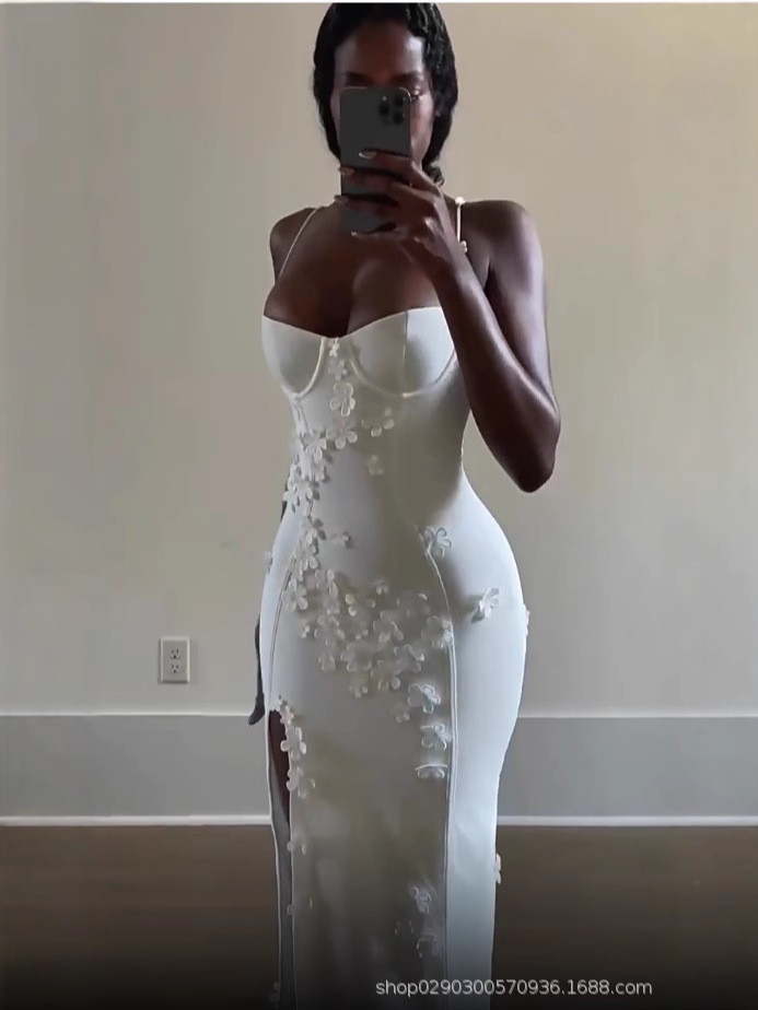 SDM112 European & American 3D Floral Spaghetti Strap Long Dress (Shipping fee Included)