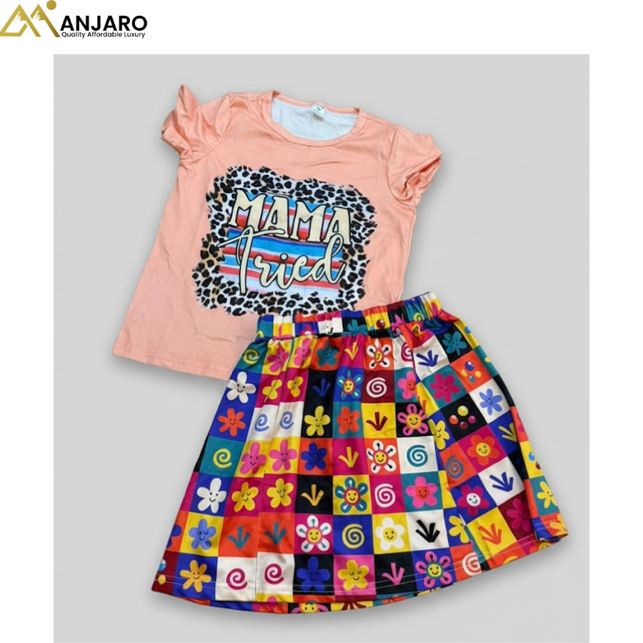 Girls “Mama Tried” Peach T-Shirt & Colorful Skirt Set – 2 Piece Outfit (4–5–6 Years)