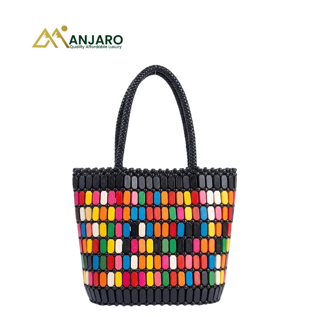 Artisan Rainbow Beaded Market Tote – Obsidian & Multi-Tone Fusion