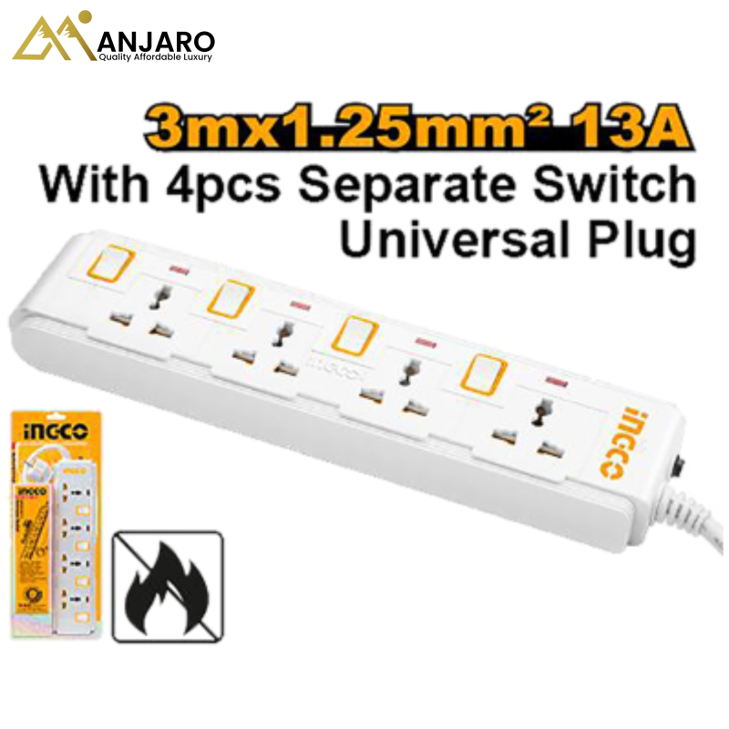 INGCO Extension Socket – 3m (4-Way, 13A) HES03041V-8