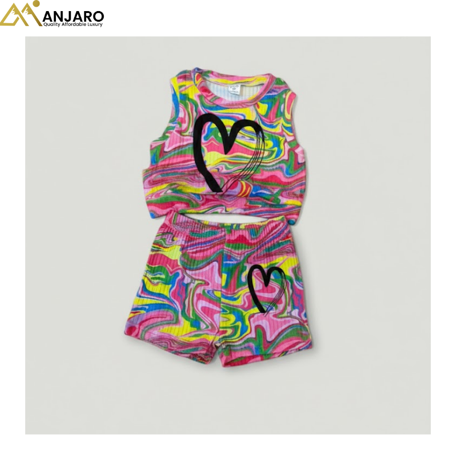 Girls Colorful Heart Print Crop Top & Shorts Set – 2 Piece Summer Outfit (Size 3–4 Years)