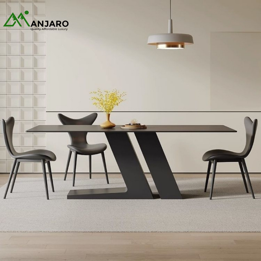 Modern Black Slate Dining Table & Chair Set – Rectangular Italian-Style Table for Small Apartments & Living Spaces