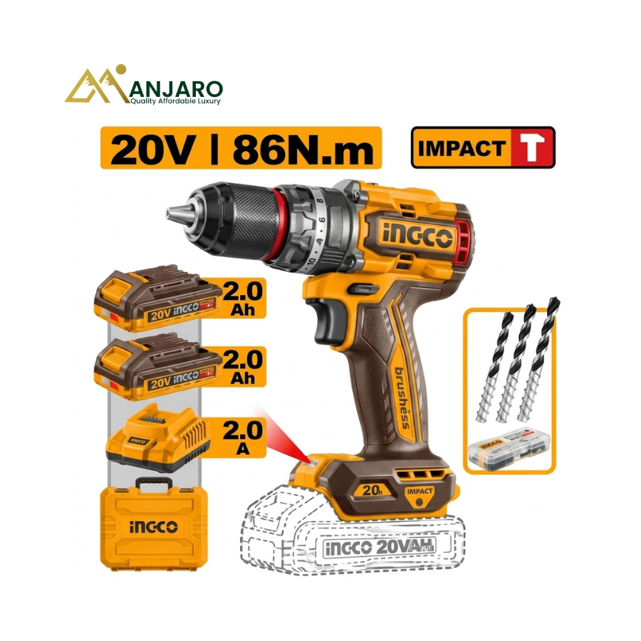 INGCO CIDLI208687 20V Brushless Cordless Impact Drill – 66Nm Hammer Drill Kit with 2 Batteries & Accessories