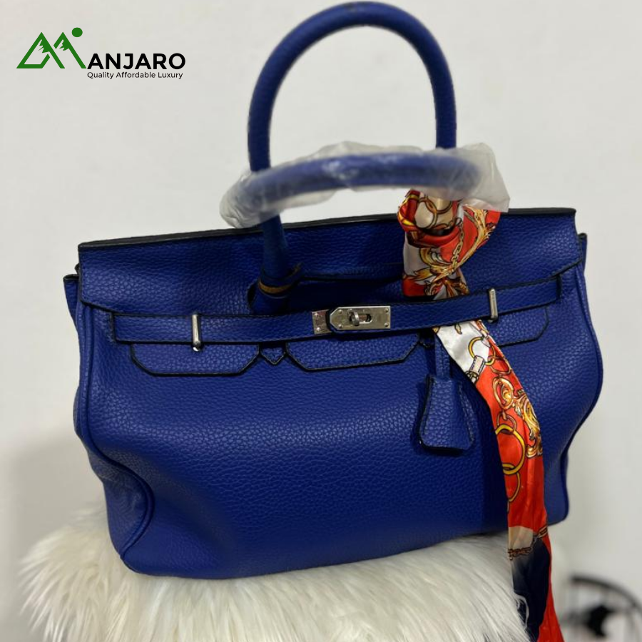 Vibrant Blue Pebble-Grain Birkin Style Top Handle Bag – Luxurious Handbag with Silver Lock & Decorative Scarf