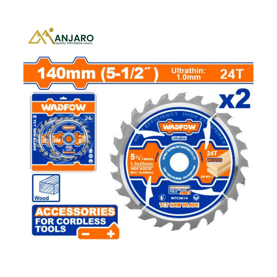 WADFOW Ultra-Thin TCT Saw Blade Set – 140mm (5-1/2"), 24 Teeth, Wood Cutting for Lithium-Ion Circular Saws WTC3K14