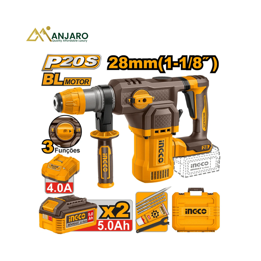 INGCO 20V Brushless Cordless Rotary Hammer – SDS Plus, 4.5J Impact Energy & 28mm Concrete Drilling CRHLI202862