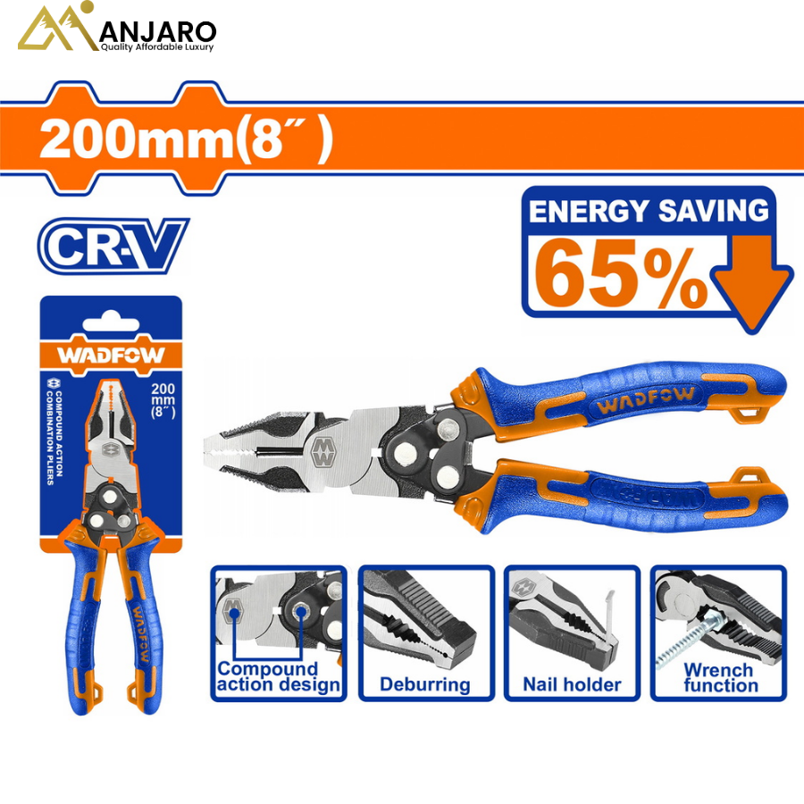 Wadfow Compound Action Combination Pliers – 8"/200mm Cr-V Heavy-Duty Hand Tool WPL1768
