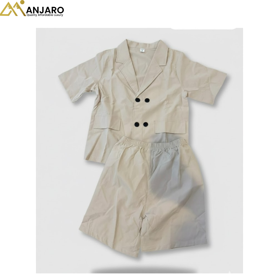 Boys Beige Double-Breasted Shirt & Shorts Set – 2 Piece Smart Outfit (Sizes 8–11 Years)