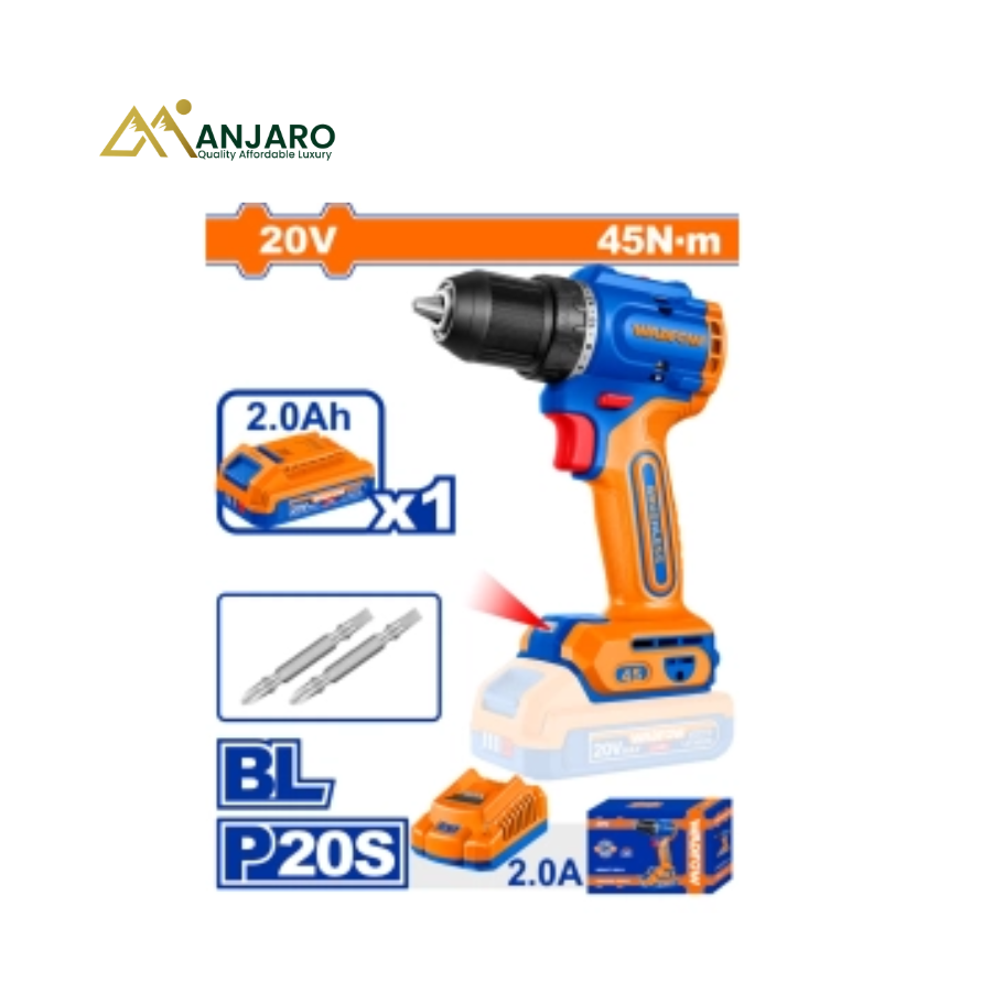 Wadfow Compact Brushless Cordless Drill – 20V, 45Nm Max Torque, 13mm Chuck with 2.0Ah Battery & Charger WCDP4561
