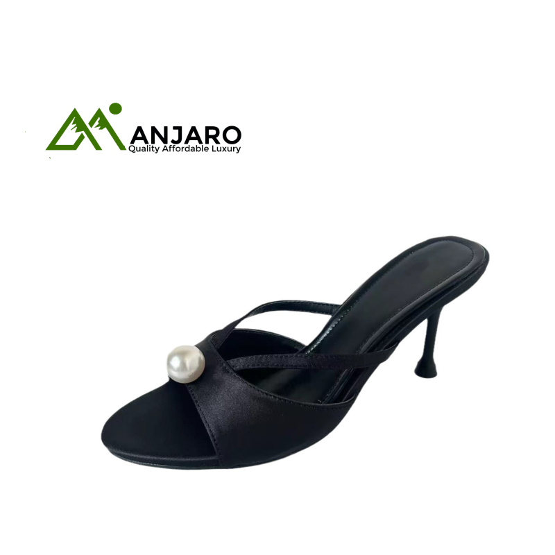 Satin Women’s Mules with Pearl Detail – High Heel Open Toe Slip-On Sandals for Summer Elegance