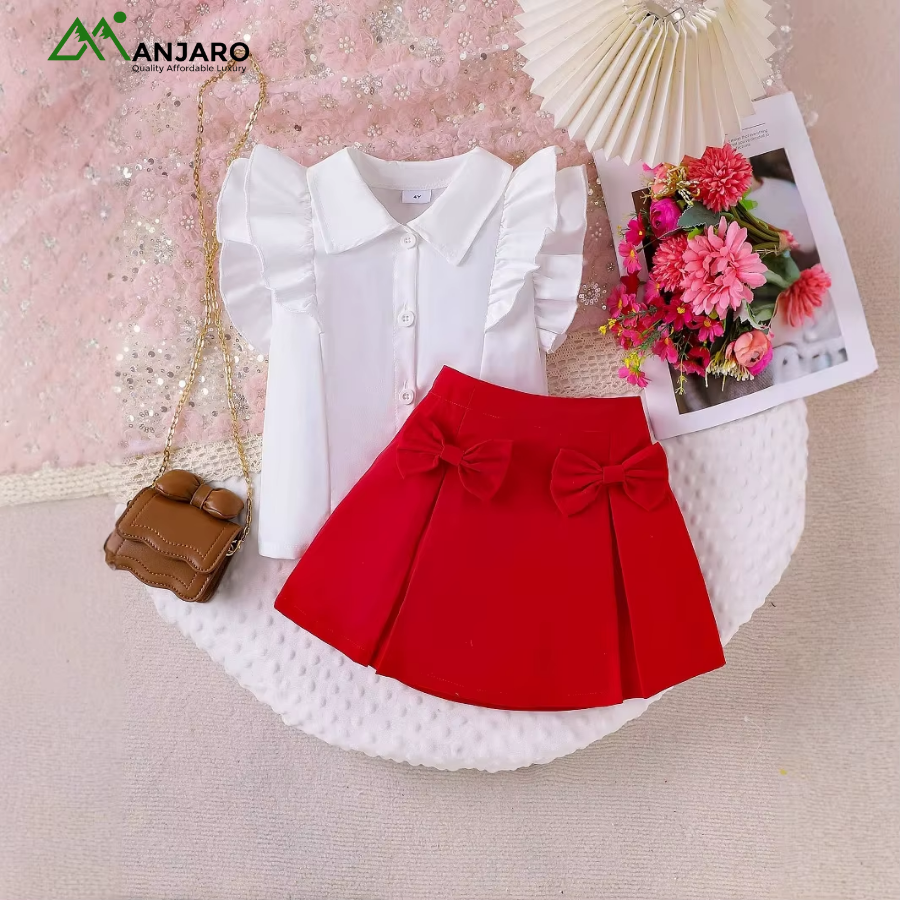 European Style Collar Lace Sleeve Shirt + Bow Skirt Set – Birthday & Party Outfit for Girls, Anti-Wrinkle Comfort, 2PCS(Shipping Fee Included)