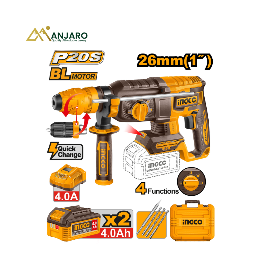 INGCO 20V Brushless Cordless Rotary Hammer – SDS Plus, 2.5J Impact Force with 2×4.0Ah Batteries CRHLI202689