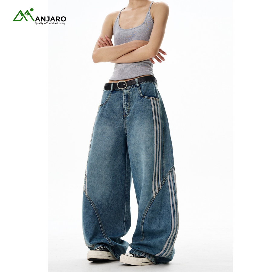 American Style Retro Striped Jeans – Cleanfit Wide-Leg Machete Pants for Men & Women, High-Waist Loose-Fit – 7625(Shipping Fee Included)