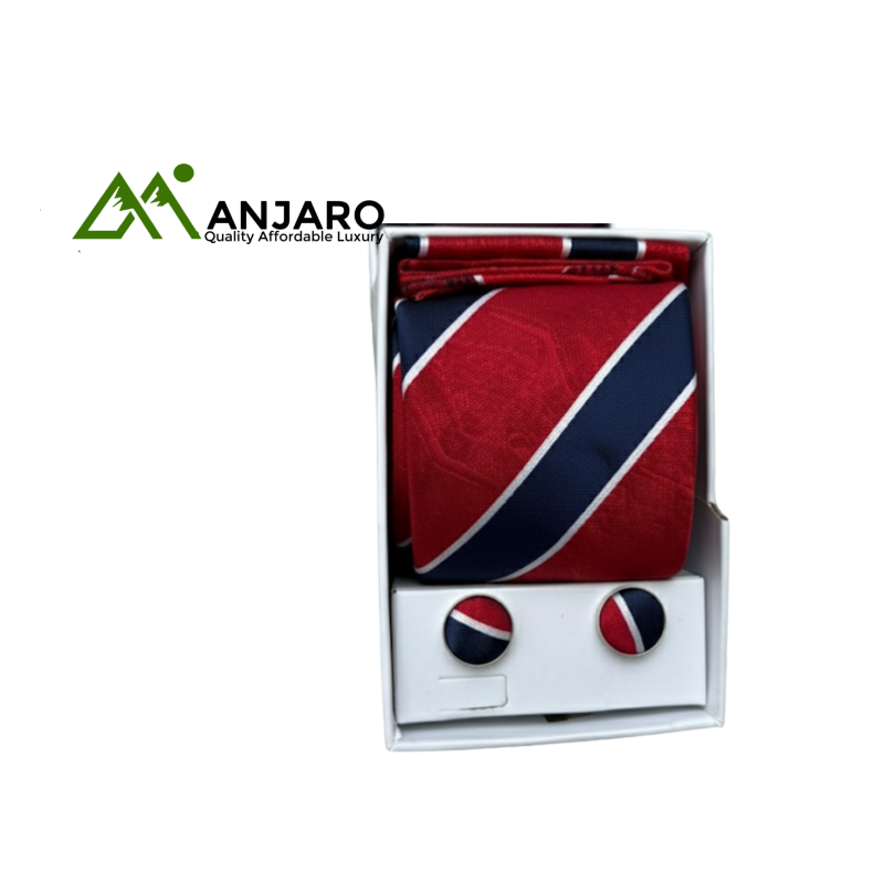 Dynamic Business Tie Set - Red & Navy Stripe Necktie, Solid Burgundy Tie & Matching Cufflinks - Bold Professional Gift