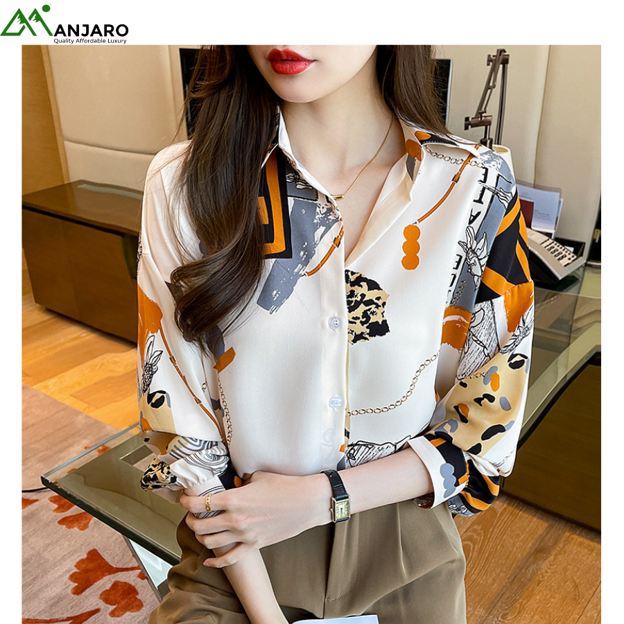 D&M Women’s Elegant Printed Chiffon Long Sleeve Blouse – Floral Office Shirt for Spring & Autumn