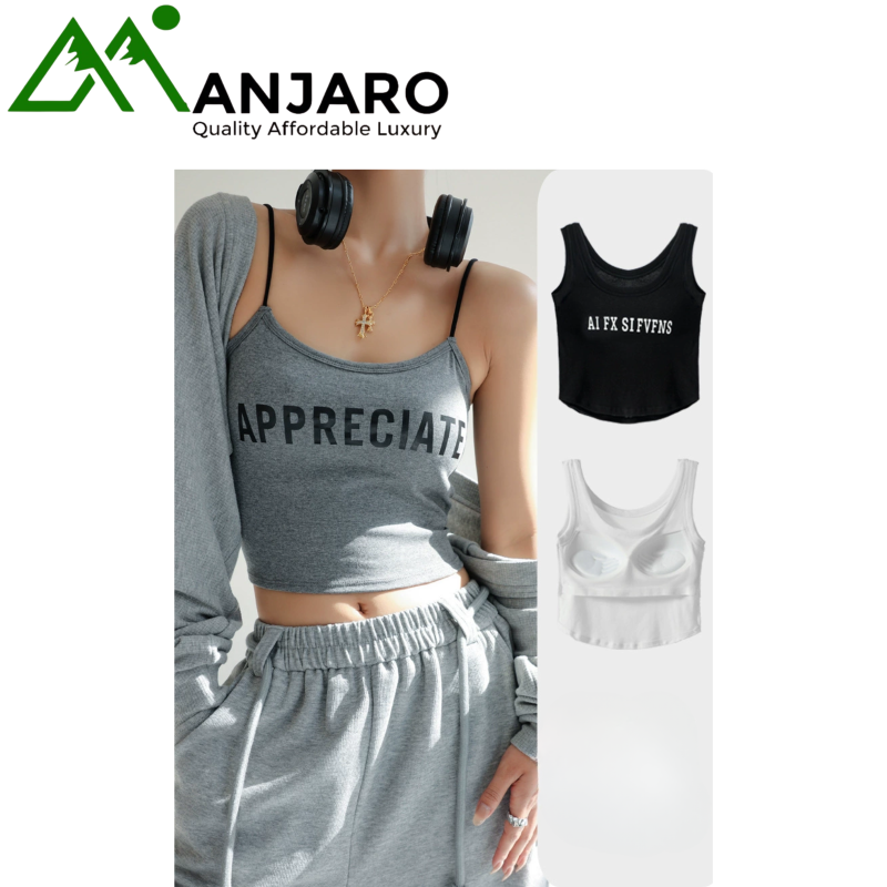 Women’s Pure Cotton Camisole, Summer Thin Layering Top with Letter Design and Sexy Back (Shipping Fee Included)