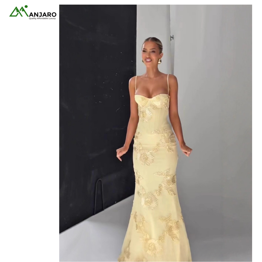Elegant Strapless 3D Floral Embroidered Fishtail Dress – Resort Long Gown, Summer(Shipping Fee Included)