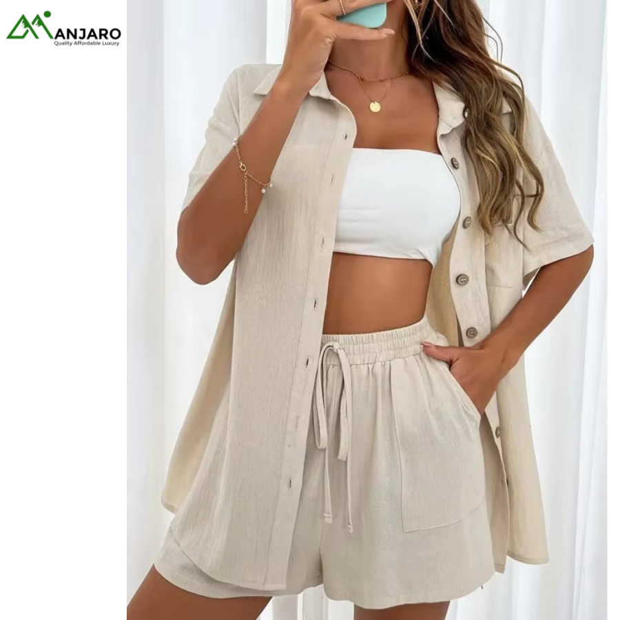 D&M Women’s Summer Short Set – Knee-Length Short Sleeve Shirt & High-Waist Drawstring Shorts | Casual Linen Outfit