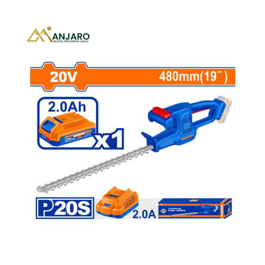 WADFOW Cordless Hedge Trimmer – 20V, 480mm Laser Cut Blade, 2400SPM, 16mm Cutting Capacity WLYP5181