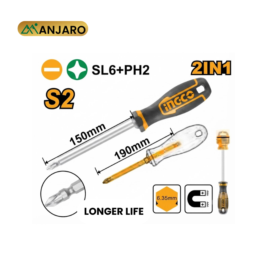 Ingco  2-in-1 Screwdriver Set PH2 & SL6 – S2 Steel Impact Screwdriver with Interchangeable Handle AKISD26150