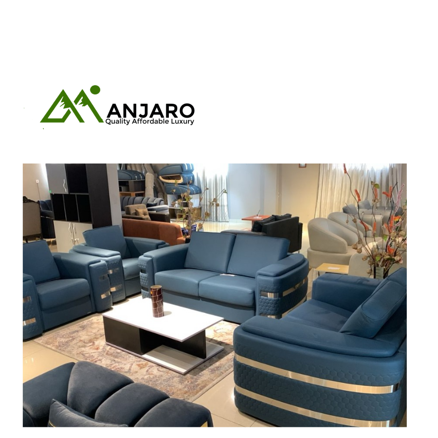 Ocean Elite Modern Blue Leatherette Sofa Set - Metallic Trim and Diamond Stitching (4-Piece Living Room)