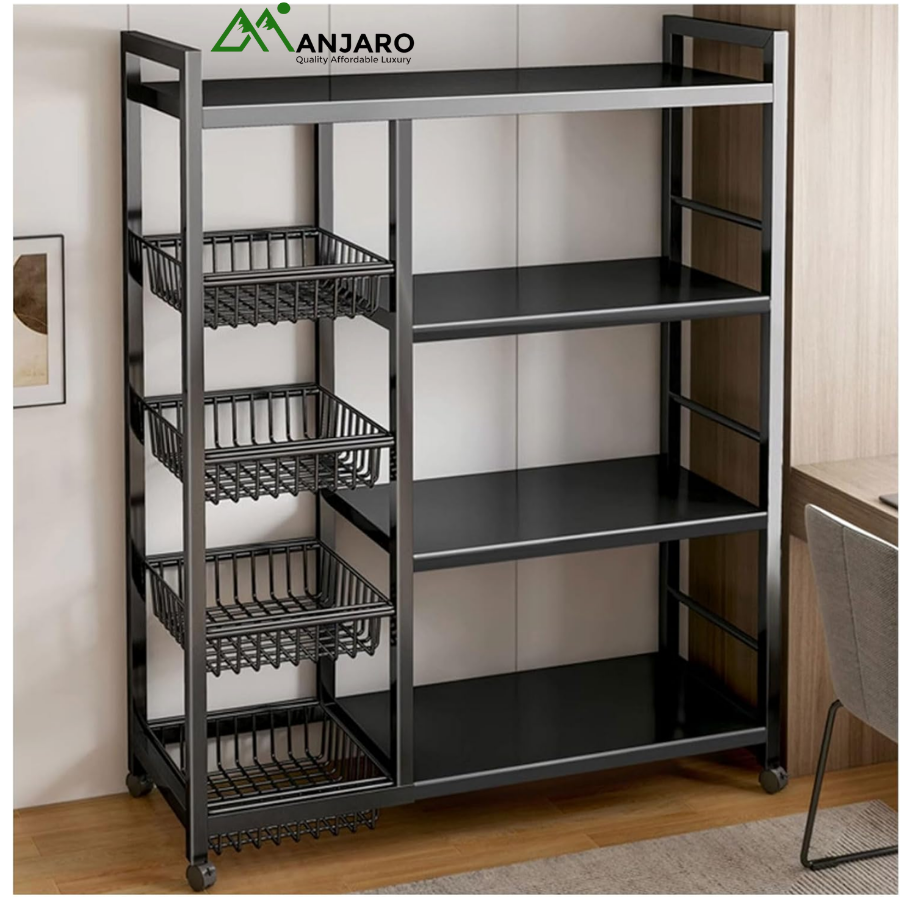 Heavy-Duty Multi-Tier Kitchen Storage Rack | Metal Shelf Organizer with Pull-Out Baskets & Wheels
